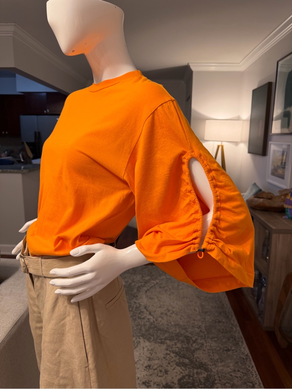 TOGA Pulla Bright Orange Ruched Open-Sleeve Long Sleeve Tee